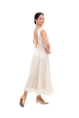 Naklejka premium Woman dancer smile isolated on white, beauty and look. Ballroom dancer happy smiling in dress, fashion and style. Dance, performance or entertainment concept