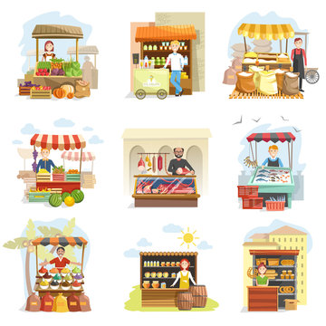 Street Vendor Booth And Farm Market Food Counters Vector Flat Cartoon Icons Set