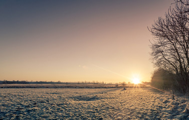 Countryside sunrise over a frozen field