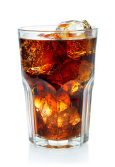 single glass of cola with ice isolated on white background