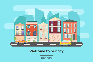 Web banner with city landscape. City landscape. Urban landscape in flat style. Welcome banner.Vector illustration.