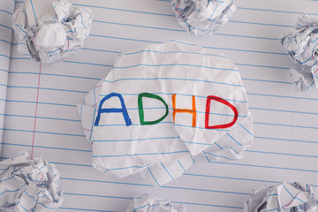ADHD. Abbreviation ADHD on crumpled paper ball