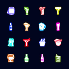 Alcoholic Neon light icons set. Collection bright Vector icon