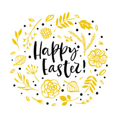 Happy Easter. Flower circle frame. Calligraphy greeting card. Hand drawn design elements. Handwritten modern brush lettering. Vector illustration.