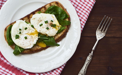 Tasty poached egg on toast over rustic background