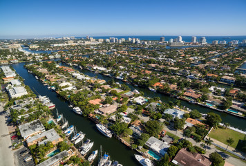 Aerial view of Fort Lauderdale Las Olas Isles, Florida, USA - obrazy, fototapety, plakaty