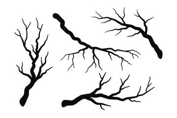 Tree branch without leaves silhouettes set  isolated on white, bare branches vector illustrations