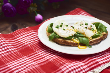 Tasty poached egg on toast over rustic background