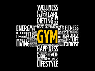 Gym cross word cloud collage, health concept background