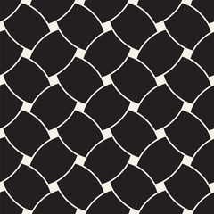 Vector geometric seamless pattern with curved shapes grid. Abstract monochrome rounded lattice texture. Modern textile background design