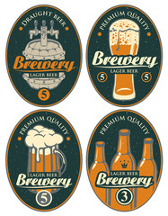 Set of vector labels or banners for lager beer and brewery, with calligraphic inscription on old paper background in oval frame