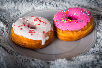 Two donuts on a dessert plate on a background of warm fluffy plaid.