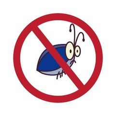 Bug, which is located in a red circle and crossed out with a red line on a white background. Sign, emblem. Vector cartoon illustration.