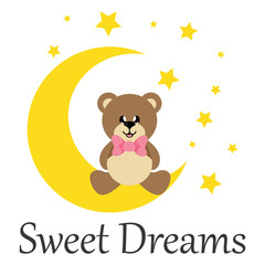 cartoon cute bear with tie sitiing and moon with text