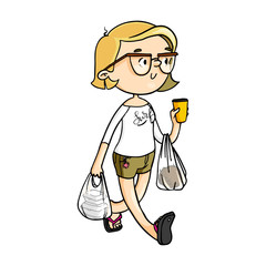 Cute cartoon girl carrying store bags and coffee cup after shopping. Vector isolated hand drawn character.