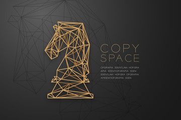 Chess Knight wireframe Polygon golden frame structure, Business strategy concept design illustration isolated on black gradient background with copy space, vector eps 10