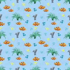 Fototapeta na wymiar Seamless vector pattern with corals, bubbles and clownfish on blue background.