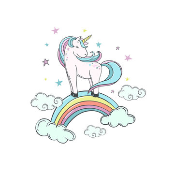 Unicorn on a rainbow in the clouds and stars. Vector illustration. Cute character for children's design, postcards and etc.