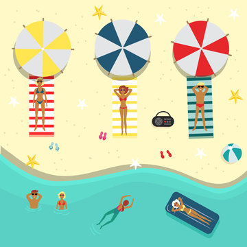 Vector flat beach party poster, banner with swimming man, woman, people lying on a lounger near sunshade, inflatable ring and ball. Summer vacation invitation card template, illustration background