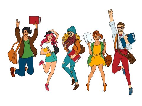 Vector sketch young teen students jumping set. Girls, boy in modern casual outfit, dress cap jeans, holding book backpack having fun. Female, male university college character. isolated illustration