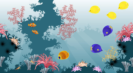 Sea underwater world with coral reef, colorful fish and sponges, realistic vector seamless horizontal background ready for parallax effect.