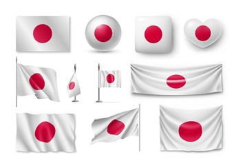Set Japan flags, banners, banners, symbols, flat icon. Vector illustration of collection of national symbols on various objects and state signs