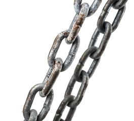 Close up old rusty chain isolated on white background.