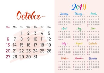 Colorful planner, 2019, October separately, white-blue background, lettering, artboard. Stylish annual calendar for modern people. Vector illustration of chart