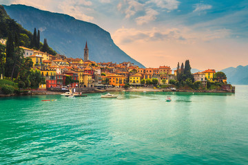 Fototapeta premium Beautiful cityscape with colorful houses, Varenna, Lake Como, Italy, Europe