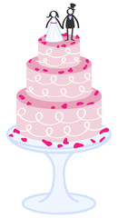 Vector illustration of pink cartoon wedding cake with little bridal couple on top isolated on white background