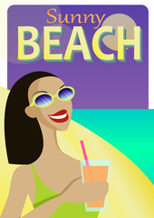 Summer Holiday poster vector design with a beautiful young woman sipping a cocktail on a beach