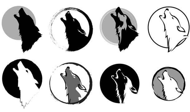 set of stylized images of a wolf glory wailing at the moon, black and white variants, vector illustration, isolated objects