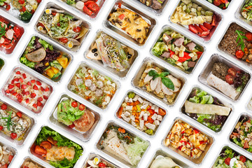 Set of take away food boxes at white background
