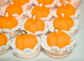 Kanom Jamongkut ; Thai sweet dessert made of yolk and sugar. Close up and Selective focus.