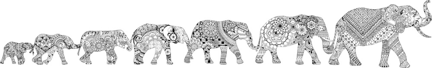 Naklejka premium 7 elephants decorated in the mehendi style. Different elephants, with different patterns in oriental style.