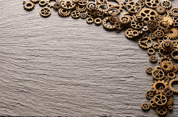 Various metal cogwheels and gear wheels