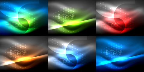 Set of neon glowing waves and lines, shiny light effect digital techno motion backgrounds. Collection of dark space magic vector templates