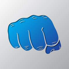Paper art of the blue fist. Vector illustration.