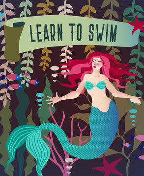 Mermaid vector illustration. Underwater marine fairytale landscape with mythology fantasy character. Bright Vintage retro poster in green colors and slogan "Learn to swim".