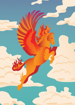 Pegasus vector illustration. Banner with flying, orange, flamed Pegasus on clouds background. Magical, mystical animal illustration.