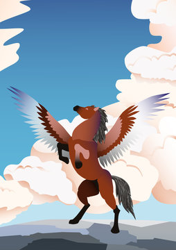 Pegasus vector illustration. Banner with reared, brown Pegasus on clouds background and blue sky. Magical, mystical animal illustration.