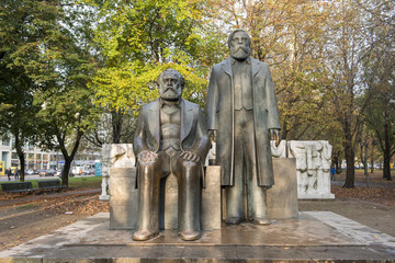 Fototapeta na wymiar Statues of Karl Marx and Friedrich Engels, near Alexanderplatz, in the former East Berlin