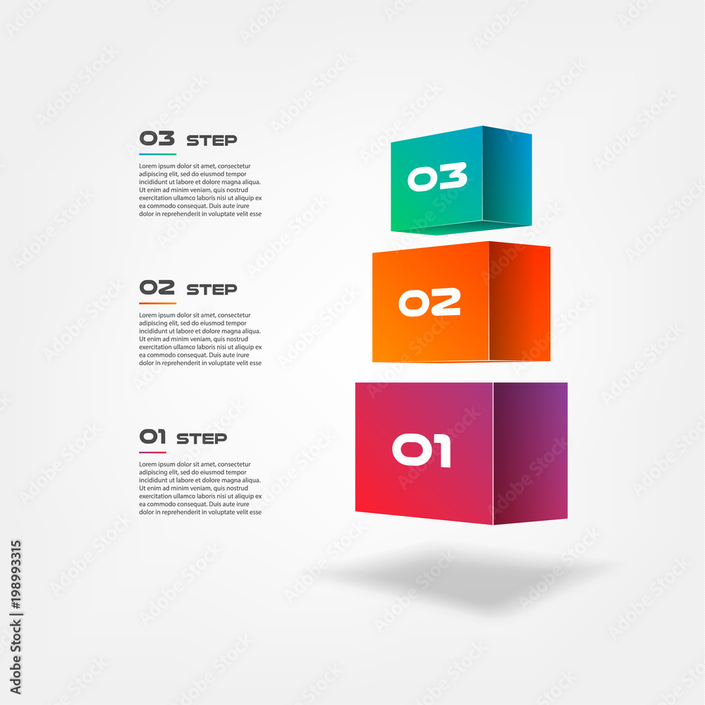 Aufkleber 3d blocks infographics step by step. Element of chart, graph, diagram with 3 options - parts, processes, timeline. Vector business template for presentation, workflow layout, annual report, web design
