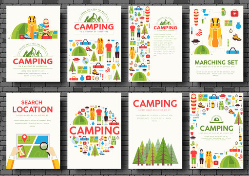 Camping trip cards set. Hiking template of flyear, magazines, posters, book cover, banners. Trave tourl infographic concept background. Layout illustrations template pages 