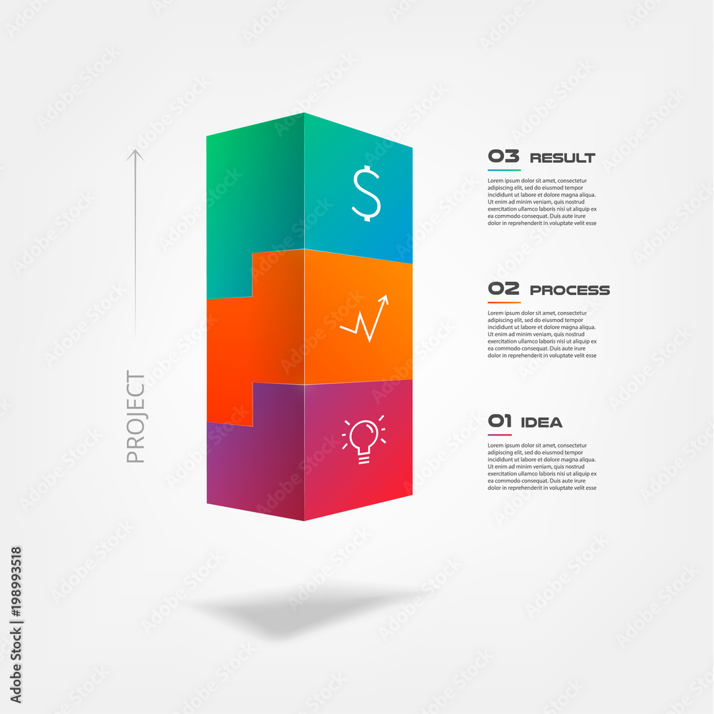 Poster 3d tetris blocks infographics step by step. Element of chart, graph, diagram with 3 options - parts, processes, timeline. Vector business template for presentation, annual report, web design