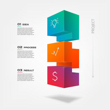 3d tetris blocks infographics step by step. Element of chart, graph, diagram with 3 options - parts, processes, timeline. Vector business template for presentation, annual report, web design