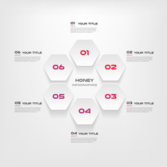Honeycombs, gradient infographics step by step. Element of chart, graph, diagram with 6 options - parts, processes, timelines. Vector business template for presentation.Abstract background