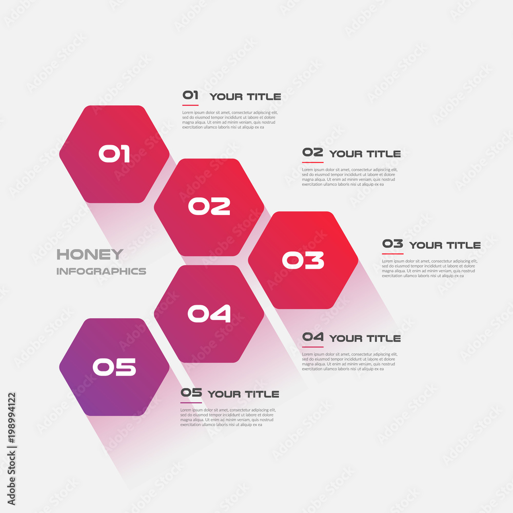 Poster honeycombs, gradient infographics step by step. element of chart, graph, diagram with 5 options - pa