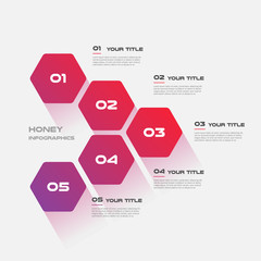 Honeycombs, gradient infographics step by step. Element of chart, graph, diagram with 5 options - parts, processes, timelines. Vector business template for presentation.Abstract background