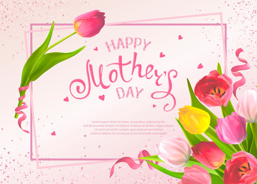 Happy Mothers Day. Template with bouquet of tulip flowers and hand-drawn lettering, shiny sequins on a pink background. Design for greeting card, invitation, poster, banner, sale announcement, voucher